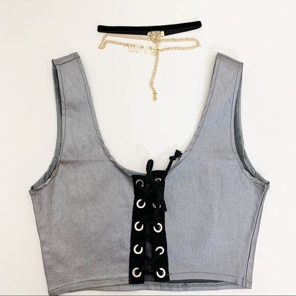 Settle Down Lace-up Crop Top with Choker, Small - Picture 1 of 6